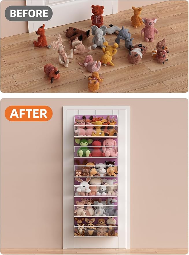 Over the Door Organizes- 6 Tier Stuffed Animal Storage, Bathroom Organizers and Storage, Swing-proof Hanging Organizer for Toys/Nursery Newborn Baby Essential Stuff (Clear-pink)