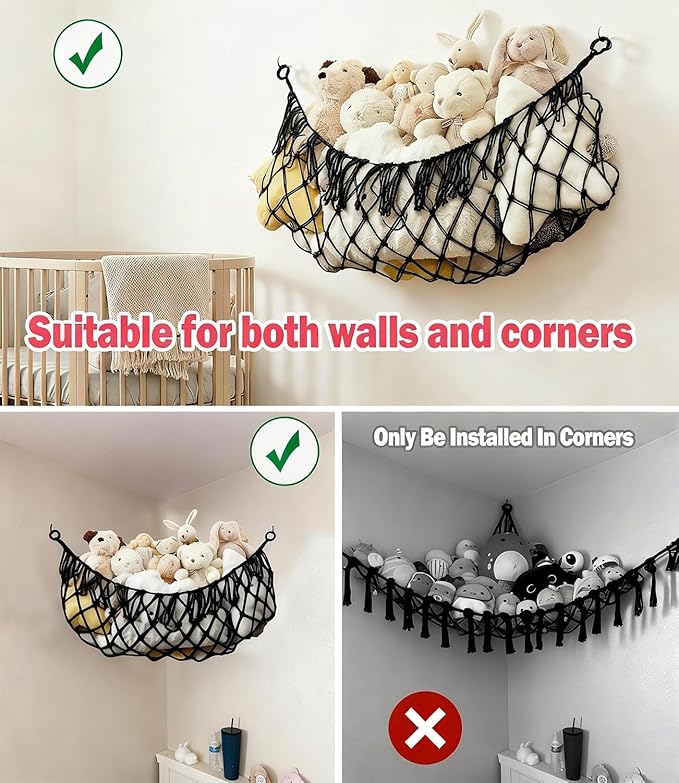 Stuffed Animal Net Hammock, Premium Cotton Hand-Knitted Plush Hammock, Save Space Eliminate Clutter Boho Stuffed Animal Storage for Nursery, Bedroom Decor, playrooms - Black