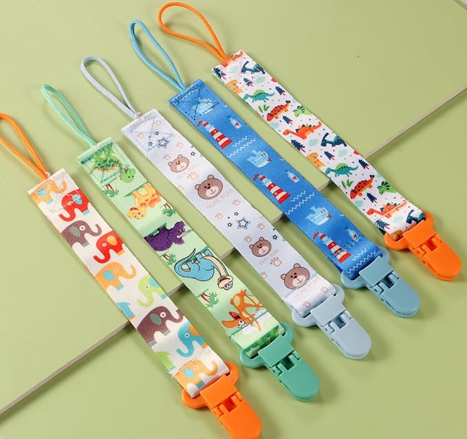 12 Pack Pacifier Clips with Strap 25.5cm - Premium Polyester Baby Pacifier Holder Set, Multi-Design Clips for Boys Girls (Multi Color C)