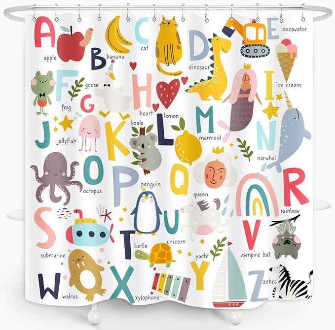 Kids ABC Shower Curtain Alphabet Educational Learning Tool Toddler Baby Cartoon Animals Girls Boys Colorful Bath Curtain Decor Waterproof Fabric 72Lx72W Inch with Hooks