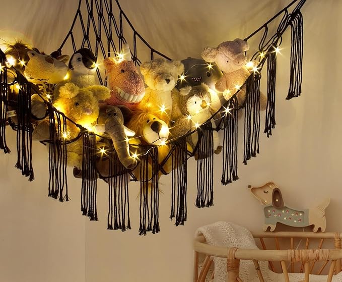 Stuffed Animal Storage Hammock Corner X-Large with LED Light - Baby Hammock Hanging Holder Plushies Net for Stuff Animals Organizer - Cute Room Decor Aesthetic Kids Toddler Nursery Bedroom