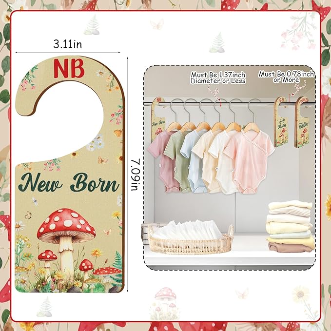 Baby Closet Dividers 8PCS, Mushrooms Themed Wooden Double-Sided Clothes Size Hanger/Organizer from Newborn to Toddler for Nursery Decor Baby Shower Birthday Gender Reveal Party Gift