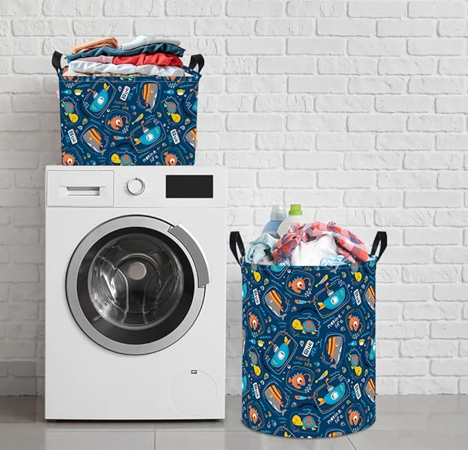 Laundry Hamper,Laundry Basket, Nursery Hamper,Waterproof Storage Bin,Clothes Organizer Basket,Room Decor(Line Ocean)