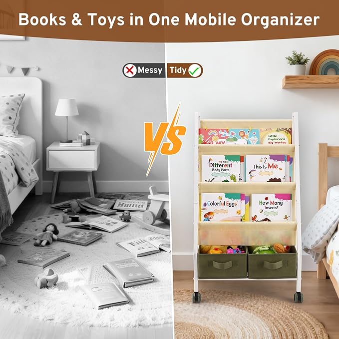 EARLY MINDS 3-Tier Kids Bookshelf with Storage, Wheels & Handle, Montessori Sling Book Organizer for Toddlers, Easy-to-Move Book Shelf, Nursery Bedroom Bookshelf