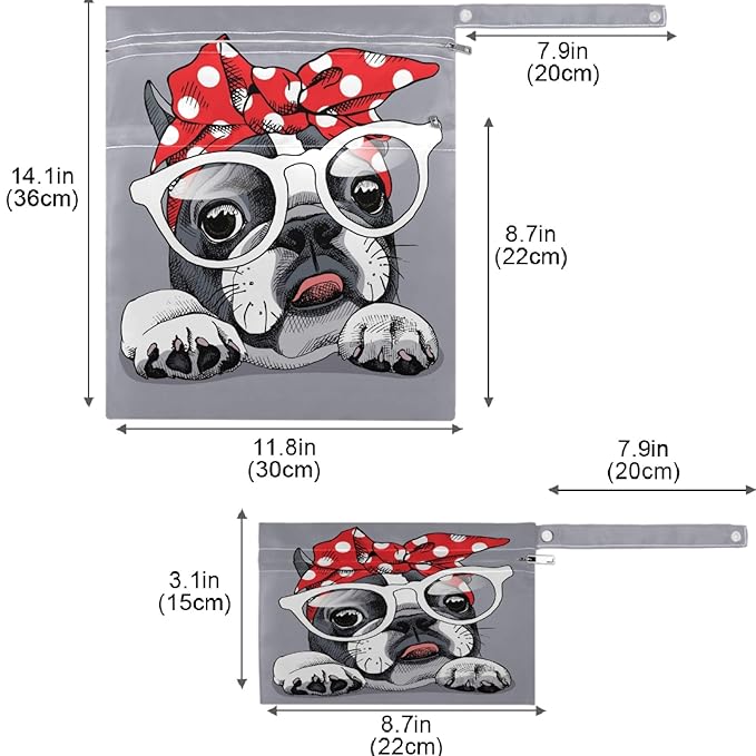 visesunny Cute Bulldog Bowknot 2Pcs Wet Bag with 2 Zippered Pockets Snap Handle Washable Reusable Roomy for Travel,Beach,Pool,Daycare,Stroller,Diapers,Dirty Gym Clothes, Wet Swimsuits, Toiletries