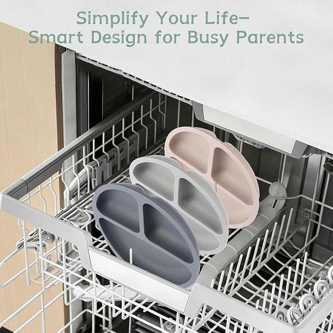 Eascrozn Toddler Plates, 3 Pack Divided Baby Plates with Suction, Food Grade Silicone Baby Led Weaning Supplies, BPA Free, Non-Slip, Microwave and Dishwasher Safe