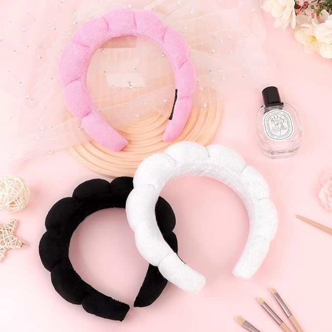3 Pack Spa Headbands - Terry Cloth Puffy Hair Bands for Skincare, Makeup, and Face Washing