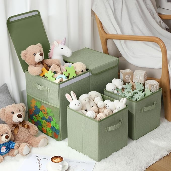 Fiwochic 3 Pack 23" Large Toy Storage Box with 11" Cubes Bins, Collapsible Toy Organizer Chest with Lids for Kids Nursery Playroom Bedroom Living Room Christmas Ornament Storage Box(Green)