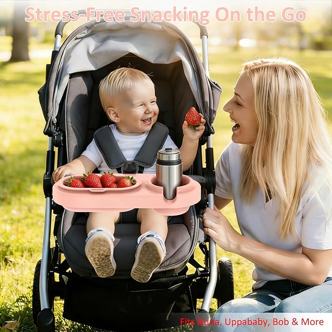 BANGIE Cute Pink Stroller Snack Tray for Girls - Compatible with Uppababy Vista V2, Nuna Mixx, Mockingbird - Aesthetic Attachment with Cup Holder & 3 Detachable Silicone Bowls