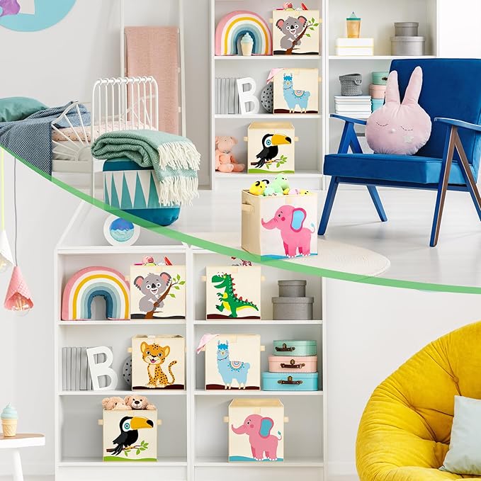 Kigley 6 Pcs Collapsible Cube Storage Bins Kids Foldable Storage Cube Organizer Fabric Toy Box Decorative Kids with Handles for Home Nursery Bedroom, 10.6 x 10.6 Inch(Classic Animal)