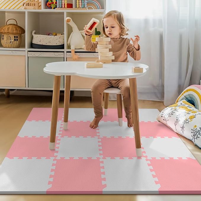16 Tiles Baby Play Mat for Floor, EVA Foam Baby Floor Play Mat with 0.6 Inch Thick Interlocking Foam Tiles, Foam Floor Tiles for Baby, Toddlers and Kids (Pink-White, 16PCS)