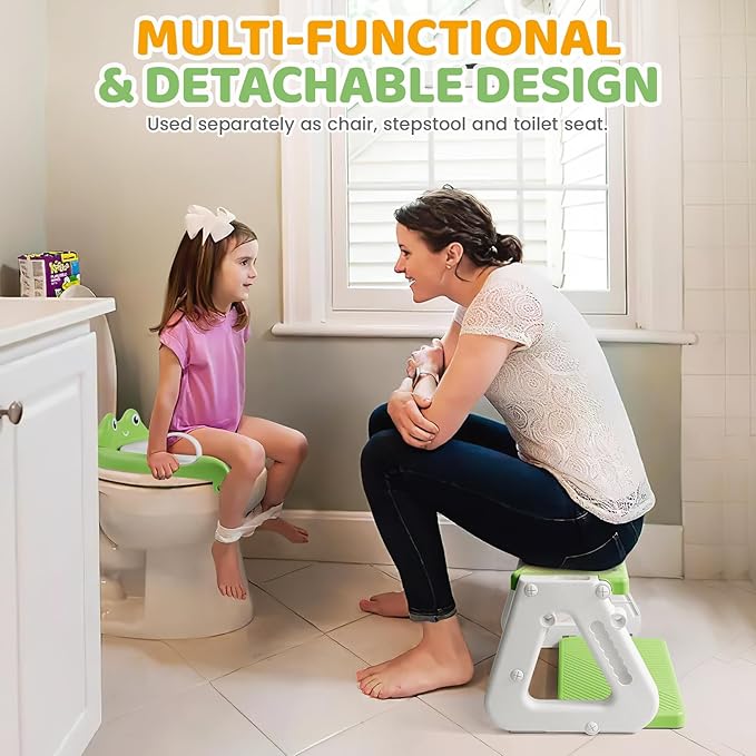 Orzbow Frog Potty Training Seat, Toddler Toilet Seat with Step Stool Ladder, 2-in-1 Potty Training Toilet Essentials for Boys Girls, Adjustable Height, Non-Slip Step and Splash Guard Design, Green