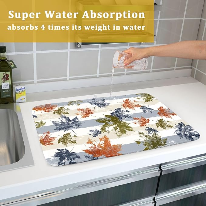 Autumn Colorful Maple Leaves Dish Drying Mat for Kitchen Counter,Blue and White Stripe Drying Mat 18 x 24 Inch with Absorbent Reversible Microfiber Dish Drying Pad Dish Rack Drainer Mat for Coffee Bar