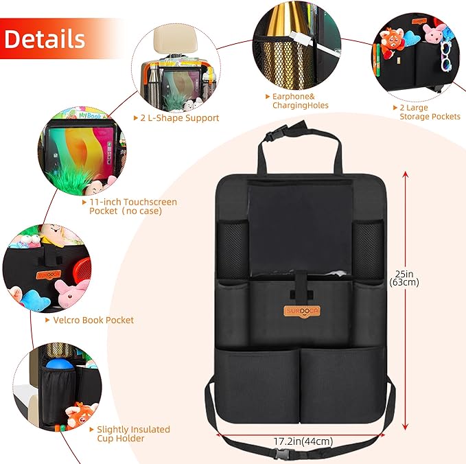 SURDOCA Upgraded Car Organizer with 11-inch Tablet Holder, 8 Pockets, Car Seat Protector for Road Trips - Car Storage and Organizers for Kids, Grey 1PC