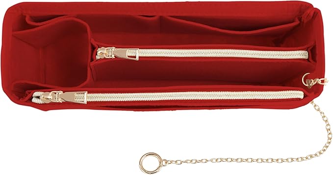 Purse Organizer Insert, Handbag Organizer with Zipper, Tote Shaper with Cup Holder & Keychain, Compatible with LV, Neverfull, MK, COACH, Longchamp, Kate Spade– Red-Sl. Lg