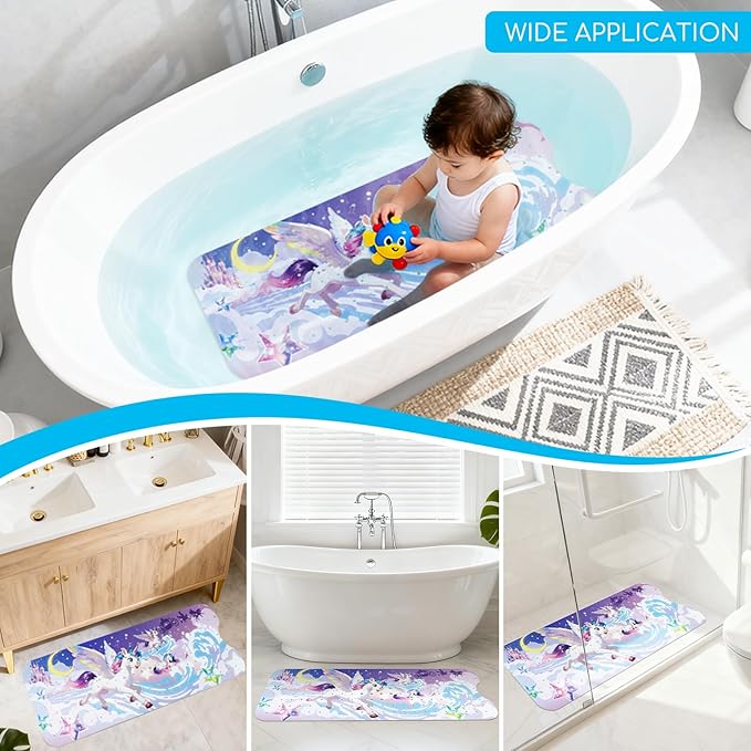 Omedecal Baby Bath Mat for Tub, Non Slip Kids Bath Shower Mat, 40 X 16 Inch Large Bathtub Mat with Drain Holes and Suction Cups for Toddlers, Machine Washable and Waterproof (Unicorn)