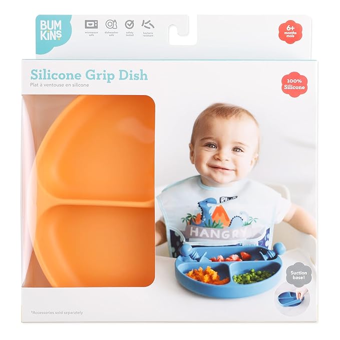 Bumkins Toddler and Baby Suction Plate, Silicone Divided Grip Dish, Babies and Kids, Baby Led Weaning, Children Feeding Supplies, Non Skid Sticky Bottom, Platinum Silicone, 6 Months Up, Tangerine