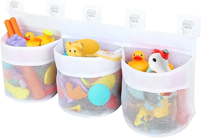 Bath Toy Storage Organizer, Multi-Use Mesh Net for Baby Bathtub Toys, Kids Shower Toy Holder Basket, Fits for Bathroom Wall, Shower Area, Tub Side and Poolside, Fast Draining, White