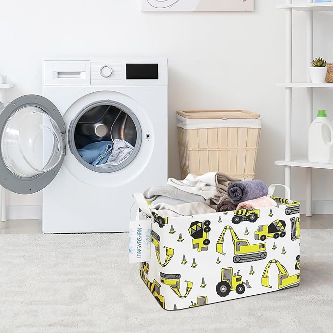 LANGYASHAN Rectangular Storage Bin Collapse Canvas Fabric Cartoon Storage Basket with Handles for Organizing Home Kitchen Boys and Girls Toys Office Closet Shelf Baskets (Rec Engineering Vehicle)