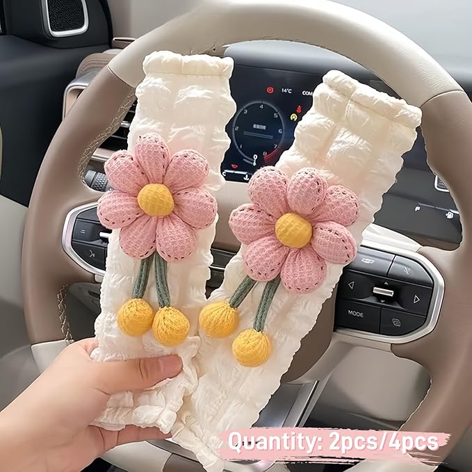 Cute Flower Seat Belt Cover Pads, 2 Pcs & 4 Pcs Seatbelt Covers for Women Adults, Car Seat Strap Pads, Seatbelt Cushion (Pink,2)