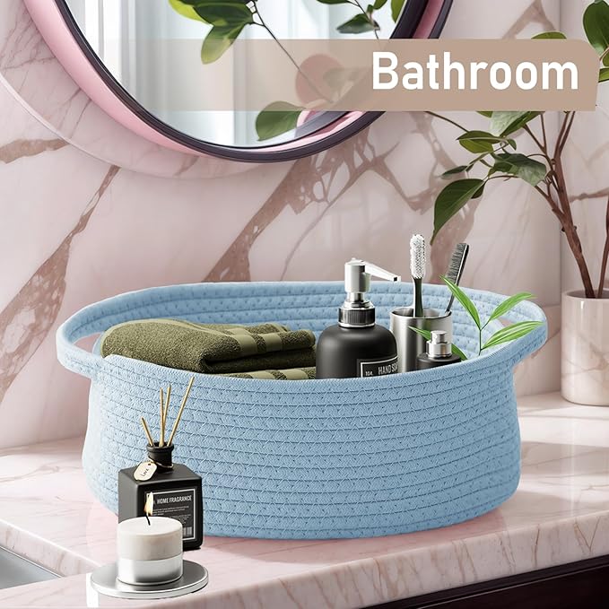 JMvicyroam Woven Basket,Small Rope Storage Bin with Handles & Ribbon Bag, Organizer for Shelves Closets,Gift Basket Empty for Birthday,Books,Dog Toys, Blue/2 Pack