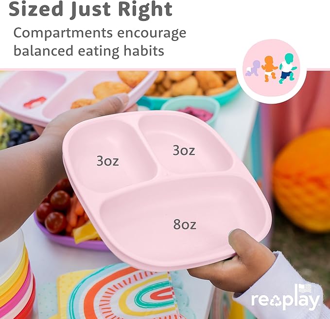 Re-Play Toddler Plates with Dividers - Deep-Walled 3 Compartments Divided Plates for Kids with 3 Lids - Dishwasher & Microwave Safe - Made in USA - Set of 3-7.37" x 7.37" x 1.25" - Monochrome