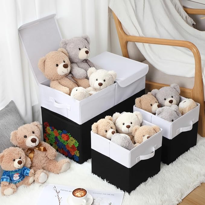 Fiwochic 3 Pack 23" Large Toy Storage Box with 11" Cubes Bins, Collapsible Toy Organizer Chest with Lids for Kids Nursery Playroom Bedroom Living Room Christmas Ornament Storage Box(Black White)