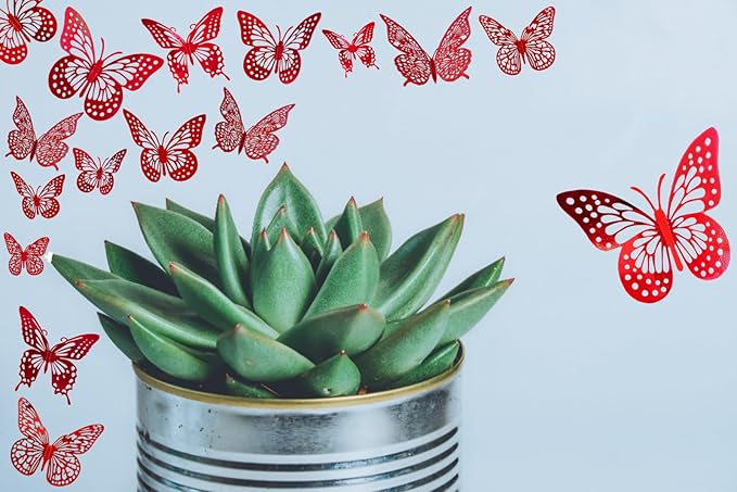 JOSDIOX 3D Red Butterfly Wall Stickers - 48 Pcs with 4 Styles & 3 Sizes, Removable Decor for Party Birthday Wedding Balloon Decoration (48 Red)