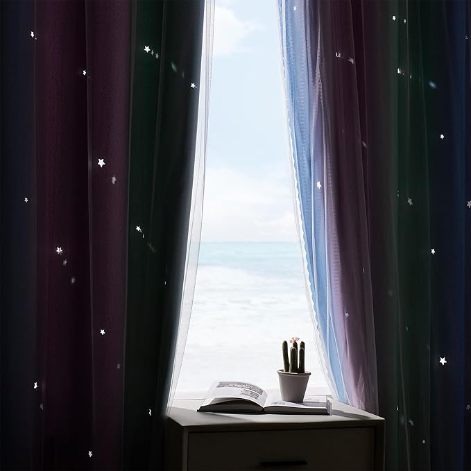 XiDi Blue & Rainbow Curtains for Bedroom & Kids Room - Blackout, Unicorn Wall Decals, 52X84 Inch Long, 1 Panel