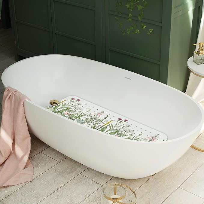 Non Slip Bathtub Mat, Flower Bath Mat for Tub, Extra Long Bathtub Mat Shower Mat with Suction Cups and Drain Holes for Elderly Kids Toddler Baby 40 X 16 Inch
