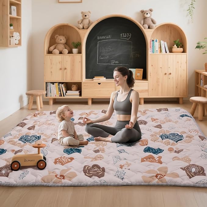 Duwenem Baby Play Mat for Floor,50x50 Inch Soft Padding Crawling Mat for Playpen, Foldable and Machine Washable, Thick for Babies & Toddlers,Boho Flower