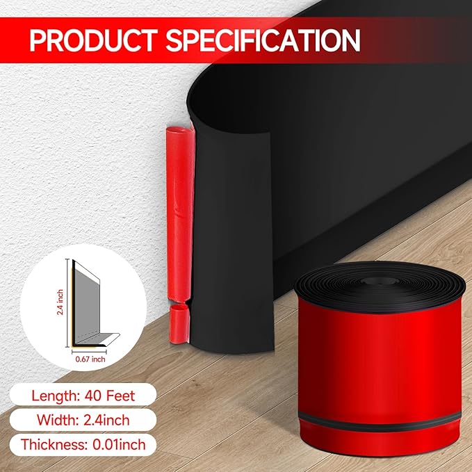 Flexible Baseboard Molding Trim 3 Inch(W) x 40 Feet(L) Self Adhesive Vinyl Wall Base Peel and Stick Cove Base,Rubber Wall Base. (Black)