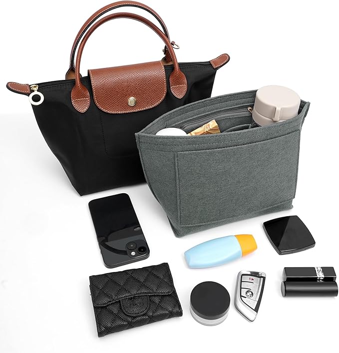 Felt Purse Organizer Insert for Longchamp Le Pliage M Handbag Insert (Light Grey, Medium)