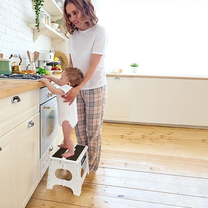 Flottian 11" Folding Step Stool for Adults and Kids Holds Up to 300 lbs,Non-Slip Folding Stools with Portable Handle, Compact Plastic Foldable Step Stool for Bathroom,Bedroom, Kitchen, White,1PC