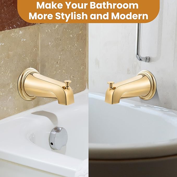 Dreyoo Tub Spout (Universal Fits 1/2" Copper Pipe, 1/2" IPS and 3/4" IPS), Bathroom Bathtub Faucet with Adapters and Hex Wrench(Polished Brass,Simple)