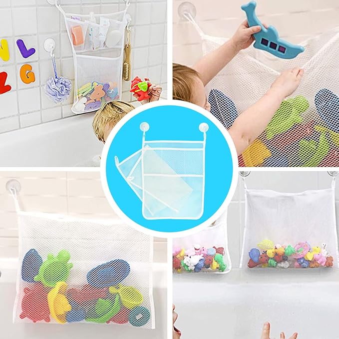 LEEFONE 2 PCS Mesh Bathtub Toy Holder Bag, 18 x 14 Inch Bath Toy Organizer, 4 Ultra Strong Hooks, White