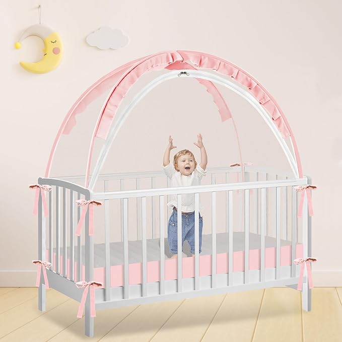 Crib Tent - Crib Net to Keep Baby in, Stop Baby from Climbing Out of Crib, Pop Up Crib Tent with Durable Breathable Net Double Zipper Strong Rods Installation Convenience