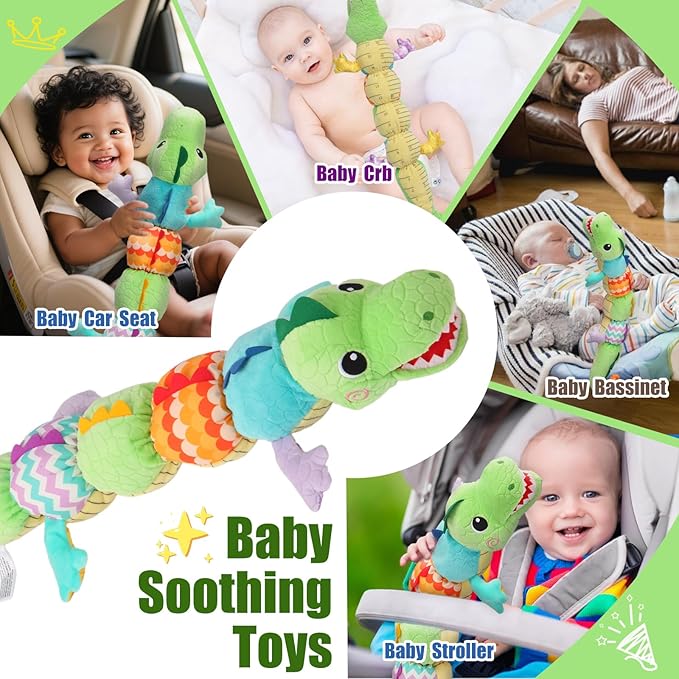 Baby Sensory Green Dinosaur Plush Musical Rattle Toy with Rustling Sounds for Infant 0-6 Months, Tummy Time Sensory Toys for 3-12 Month Old Newborn