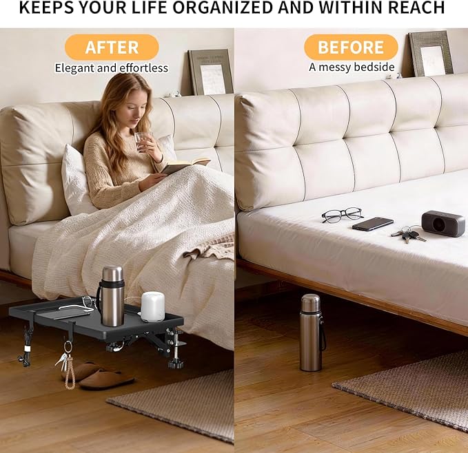 Bedside Shelf, Bedside Shelf for Dorm Bunk Bed, Clip On Nightstand Foldable, College Dorm Room Essential Bedside Tray with Magnetic Mat and Cable Management for Dormitory Black