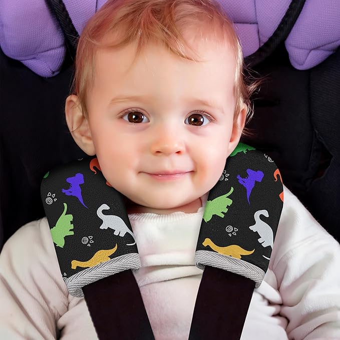Seat Belt Cover Pad for Baby, Soft Seatbelt Cushion Covers for Kids 2Pcs Car Seat Strap Shoulder Pads for All Car Seats, Stroller, High Chair, Black Dinosaur