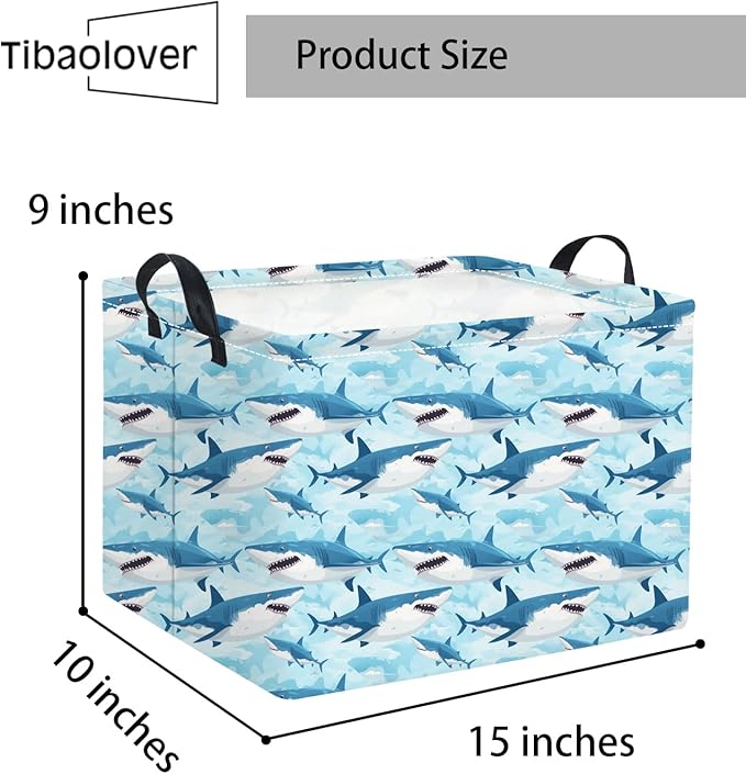 TIBAOLOVER Rectangular Shark Basket Baby Kids Storage Basket Cute Kids Toy Storage Bin Organizer Shelf Book Room Decor(Sharks)