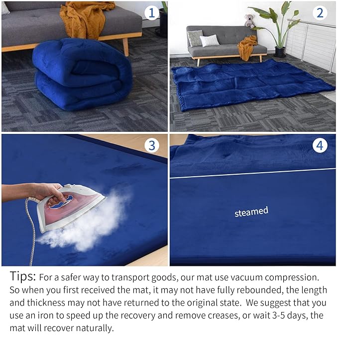 Huloo Sleep Ultra Soft Baby Play Mat for Floor,1.3" Thick Elasti-Foam 47x47 Play Mat for Playpen,Water-Repellent Coral Velvet for Tummy Time, Non-Slip Backing Safe for Toddlers & Infants(Dark Blue)
