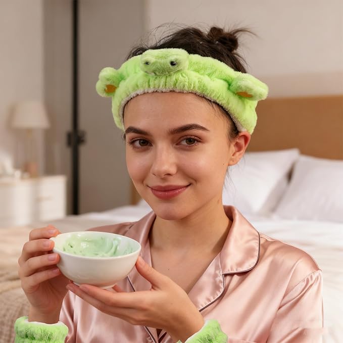 PERFECTSIGHT Kawaii Headband for Spa, Makeup, Washing Face, Party - Cute Hair and Wrist Band Set for Shower Beauty Skincare, Soft Facial Headbands for Girls and Women, Green Frog