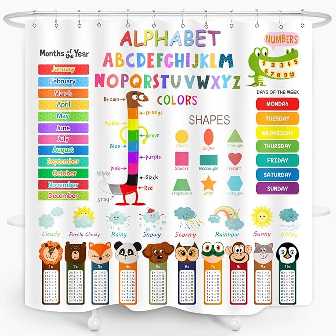 ABC Educational Shower Curtain Kids Learning Tool Funny Cartoon Animals Colors Shapes Weathers Multiplication Table Girls Boys Colorful Decor Waterproof Fabric 72Lx72W Inch with Hooks