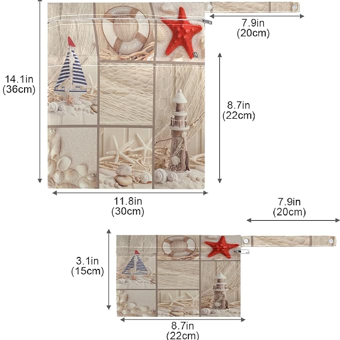 visesunny Sea Starfish Shell Wooden Pattern 2Pcs Wet Bag with Zippered Pockets Washable Reusable Roomy for Travel,Beach,Pool,Daycare,Stroller,Diapers,Dirty Gym Clothes, Wet Swimsuits, Toiletries