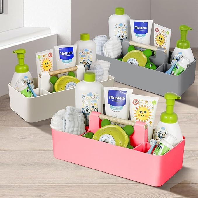 Baby Shower Caddy Plastic Nursery Portable Storage Organizer Caddy Tote for Child/Kids, Divided Basket Bin with Wood Handle for Bathroom, Dorm Room, Holdsn Bottles, Spoons, Gray