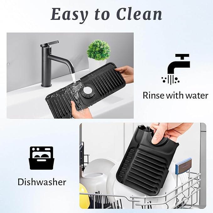 PoYang 14.6 inch Faucet Mat for Kitchen Sink Splash Guard, 7° Slope Silicone Sink Water Splash Guard for Kitchen Sink Area with Snap Button, Small Sink Protectors for kitchen Sink Sponge Holder, Black