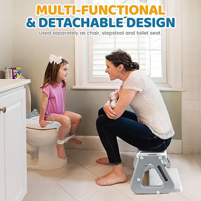 Orzbow Frog Potty Training Seat, Toddler Toilet Seat with Step Stool Ladder, 2-in-1 Potty Training Toilet Essentials for Boys Girls, Adjustable Height, Non-Slip Step and Splash Guard Design, Grey