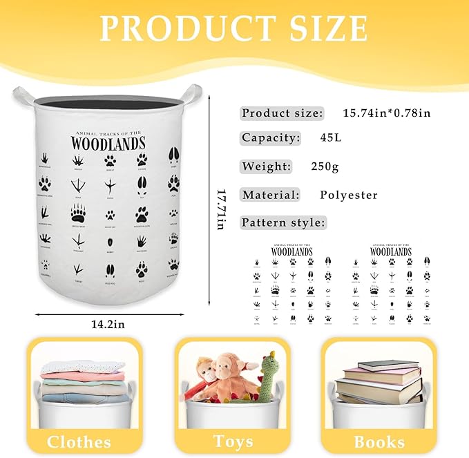 HKTZM Kids Laundry Basket, Animal Tracks of the Woodlands Laundry Basket Hamper Waterproof Collapsible Storage Bin Organizer for Bedroom Bathroom Boys Girls Kids Nursery Toddler Room Clothes Toys