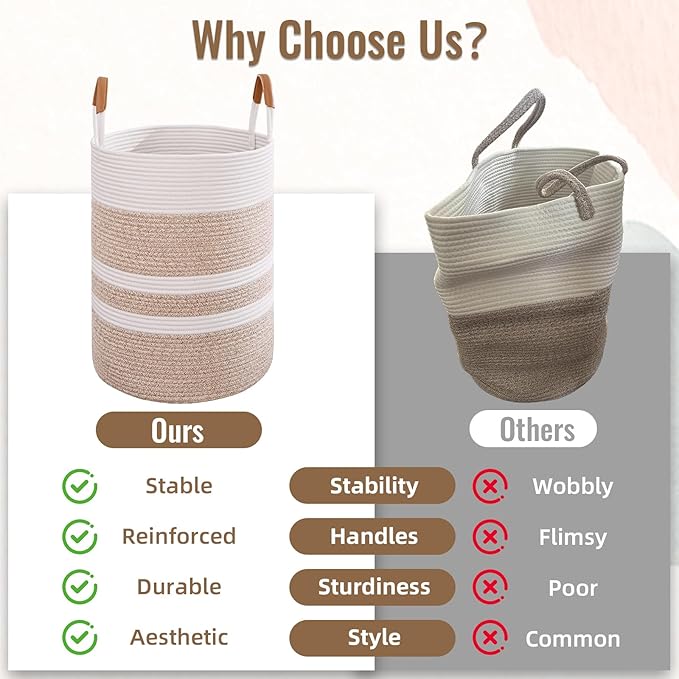 Degeyoyo 60L Striped Laundry Basket, Brown Laundry Hamper with Leather Handles, Woven Cotton Rope Storage Bin for Blankets, Nursery Hamper for Clothes, Toys In Bathroom, Livingroom, Bedroom